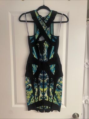Herve Leger Blue, Yellow & Black Crisscross Bandage Mini Dress